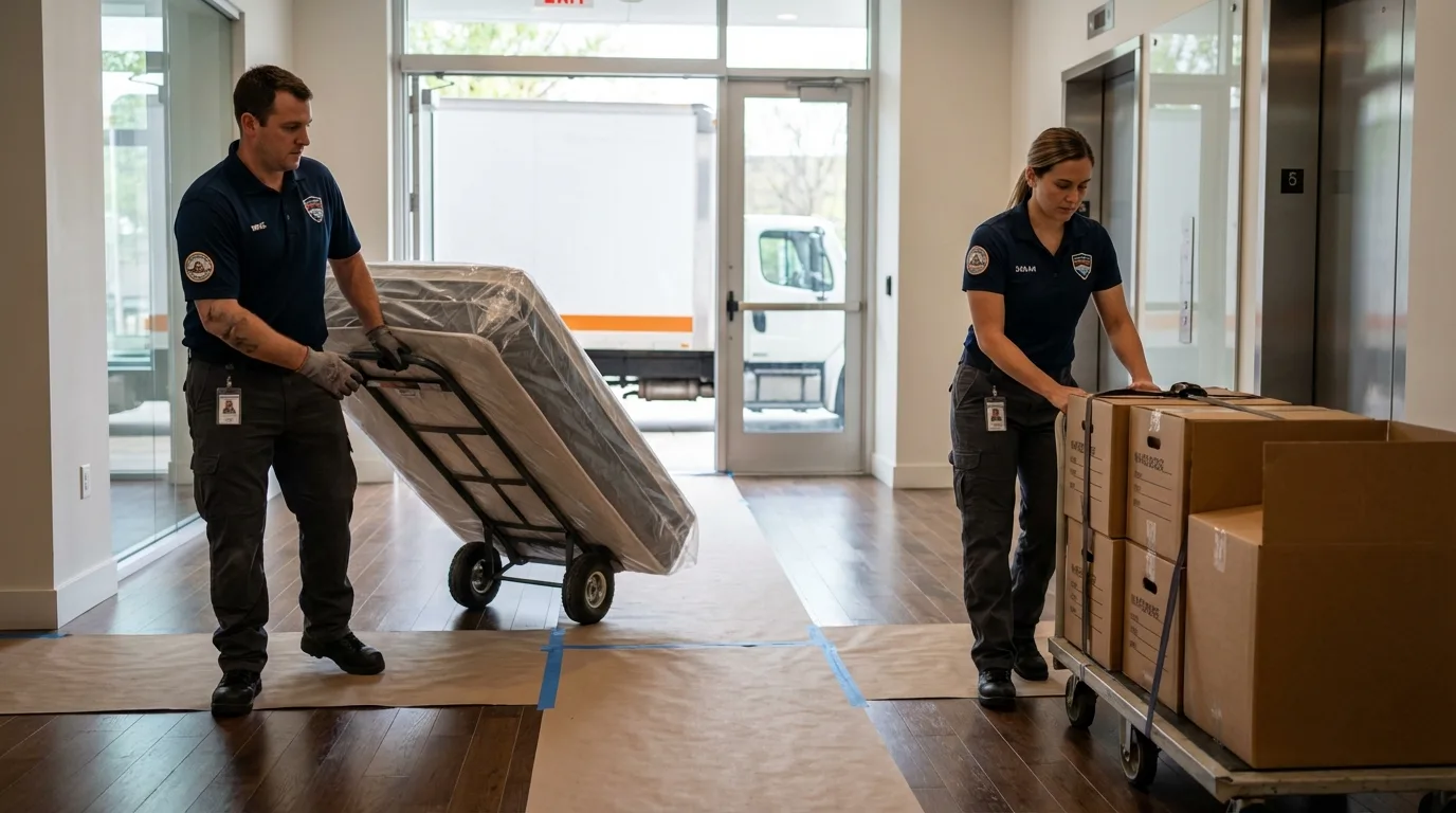 Professional apartment movers loading elevator in Escanaba, MI