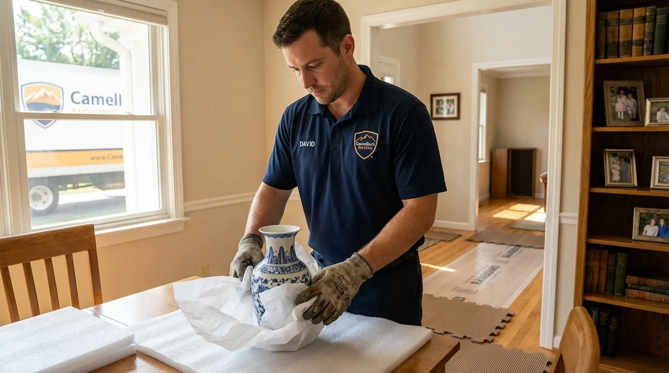 Professional crew carefully wrapping antique vase for senior downsizing move in Escanaba, MI